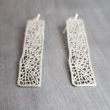 Long Silver Rectangle Earrings, skeleton leaf earring, organic shape earring, silver filigree earring, long thin rectangle earring, narrow - Constant Baubling