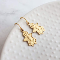 Gingerbread Girl Earrings, gingerbread lady, cookie earring, gold gingerbread earring, Xmas earring, Christmas earring, Christmas cookie - Constant Baubling