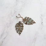 Monstera Leaf Earrings, tropical leaf earring, patina leaf earring, verdigris leaf earring, verdigris patina earring, blue green bronze rust - Constant Baubling