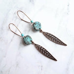 Long Copper Feather Earrings, verdigris patina earring, long rustic earring, long narrow earring, rust brown blue earring, blue patina disk - Constant Baubling