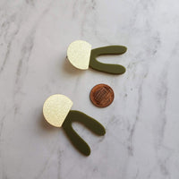 Gold Olive Green Earrings, 80s earring, retro earring, vintage style earring, acrylic arch, plastic u shape, chunky green earring, large - Constant Baubling