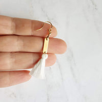 Gold White Tassel Earrings, long tassel earring, brass tassel earring, gold tassel earring, boho tassel earring, boho earring small tassel - Constant Baubling