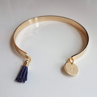 Gold Cuff Bracelet, initial bracelet, gold letter bracelet, gold tassel bracelet, thin gold cuff, navy blue tassel cuff, letter charm bangle - Constant Baubling