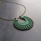 Crescent Moon Necklace, verdigris patina necklace, semicircle pendant, bronze necklace, medallion pendant, filigree pendant necklace, green - Constant Baubling