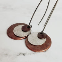 Copper Disk Earrings, silver copper earring, copper circles earring, flat circle earring, stacked disk earring, antique copper disk earring - Constant Baubling