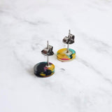 Multicolor Small Round Stud Earrings, hypoallergenic earring, colorful stud, post earring, 80s earring, splatter color turquoise pink yellow - Constant Baubling