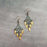 Patina Chandelier Earrings, bronze chandelier earring, large earring, extra long earring, verdigris patina, gold oval dangle, fringe earring - Constant Baubling