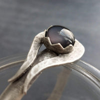 Grey Glass Stone Silver Cuff Bracelet, heavy silver cuff, oxidized silver bracelet, antique silver, black gray glass, dark stormy grey round - Constant Baubling