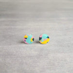 Multicolor Small Round Stud Earrings, hypoallergenic earring, colorful stud, post earring, 80s earring, splatter color turquoise pink yellow - Constant Baubling