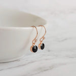 Small Round Rose Gold Earrings, black enamel earring, rose gold black earring, rose gold dot earring, tiny rose gold dangle earring, little - Constant Baubling