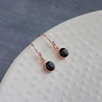 Small Round Rose Gold Earrings, black enamel earring, rose gold black earring, rose gold dot earring, tiny rose gold dangle earring, little - Constant Baubling