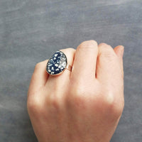 Pink Navy Blue Ring, salmon pink leaves, navy blue leaves, glass tear drop, hypoallergenic stainless steel ring, floral statement adjustable - Constant Baubling