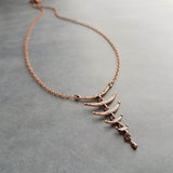 Fish Bone Necklace, antique copper necklace, back spine, rustic brown, hammered pendant, thin delicate chain, vertebrae necklace, rustic - Constant Baubling