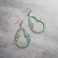 Art Deco Earrings, large teardrop earrings, verdigris patina earrings, blue green earrings, ornate earrings, verdigris earring, aqua patina - Constant Baubling