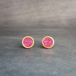 Hot Pink Gold Earrings, gold stud earrings, small round studs, fuchsia studs, fuchsia earrings, druzy studs, rough jagged stone pink studs - Constant Baubling