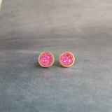 Hot Pink Gold Earrings, gold stud earrings, small round studs, fuchsia studs, fuchsia earrings, druzy studs, rough jagged stone pink studs - Constant Baubling