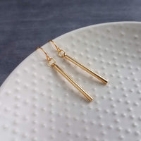 Short Gold Bar Earrings, gold line earrings, gold stick earrings, tube earring small thin gold earrings straight line skinny cylinder - Constant Baubling