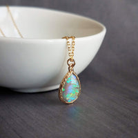 Opal Necklace, gold opal color pendant, opal teardrop pendant, opal tear drop necklace, opalescent pendant, birthstone necklace, jewelry - Constant Baubling