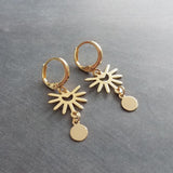 Small Gold Sun Earrings, gold huggie hoops, sun ray earring, sunshine earring, little earring, sunny day earring, gold tag dangle lever back - Constant Baubling