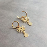 Small Gold Sun Earrings, gold huggie hoops, sun ray earring, sunshine earring, little earring, sunny day earring, gold tag dangle lever back - Constant Baubling