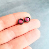 Hot Pink Black Stud Earrings, black fuchsia stud earring, hot pink earrings, matte black earring, fuchsia earrings, bright round sparkle - Constant Baubling