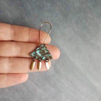 Turquoise Patina Chandelier Earrings, gold oval drops, boho dangle earring, triangle chandelier, wedge earring, sector chandelier blue green - Constant Baubling