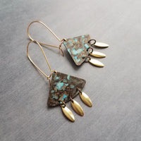 Turquoise Patina Chandelier Earrings, gold oval drops, boho dangle earring, triangle chandelier, wedge earring, sector chandelier blue green - Constant Baubling