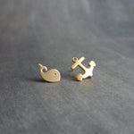 Whale Anchor Studs, tiny anchor earrings, small whale stud, nautical earring, mismatched earring, matte gold earring, sterling silver posts - Constant Baubling