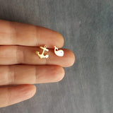 Whale Anchor Studs, tiny anchor earrings, small whale stud, nautical earring, mismatched earring, matte gold earring, sterling silver posts - Constant Baubling