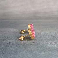 Hot Pink Gold Earrings, gold stud earrings, small round studs, fuchsia studs, fuchsia earrings, druzy studs, rough jagged stone pink studs - Constant Baubling