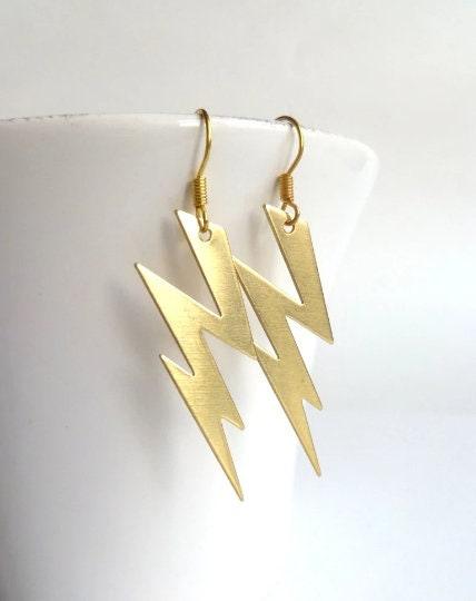 Silver Lightning Bolt Drop Earrings - Yellow