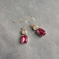 Fuchsia Crystal Earrings, hot pink earring, pink purple earring, rectangle stone earring crystal dangle earring small silver vintage earring - Constant Baubling