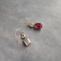 Fuchsia Crystal Earrings, hot pink earring, pink purple earring, rectangle stone earring crystal dangle earring small silver vintage earring - Constant Baubling