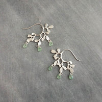 Vine Chandelier Earrings, matte silver earring, silver leaf earring, tree branch earring, vine hoop, glass drop beads, silver branch earring - Constant Baubling