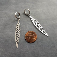 Thin Silver Leaf Earrings, long narrow leaf earrings, filigree leaves earring, long silver leaf earring, cut out leaf earring, huggie hoops - Constant Baubling