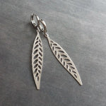 Thin Silver Leaf Earrings, long narrow leaf earrings, filigree leaves earring, long silver leaf earring, cut out leaf earring, huggie hoops - Constant Baubling