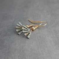 Small Turquoise Gold Fan Earrings, little fan earrings, sun ray earring, sunburst earring verdigris patina earring blue green earring dangle - Constant Baubling