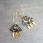 Turquoise Patina Chandelier Earrings, gold oval drops, boho dangle earring, triangle chandelier, wedge earring, sector chandelier blue green - Constant Baubling