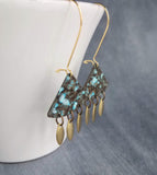 Turquoise Patina Chandelier Earrings, gold oval drops, boho dangle earring, triangle chandelier, wedge earring, sector chandelier blue green - Constant Baubling