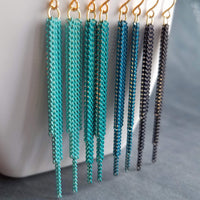 Long Chain Earrings, tassel earring, curb chain earring, blue earring, teal earring, turquoise earring, colored chain, chain fringe earring - Constant Baubling