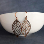 Copper Filigree Earrings, antique copper leaf earring, small copper leaves, little copper earring, cut out leaf earring, fall earring autumn - Constant Baubling