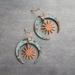 Patina Copper Earrings, bright copper earring, copper sun earring, verdigris patina earring, crescent earring, copper dangle, turquoise blue - Constant Baubling