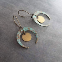 Patina Crescent Moon Earrings, verdigris patina earring, moon phase earring, antique brass disk earring, bronze earring latching kidney hook - Constant Baubling