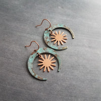 Patina Copper Earrings, bright copper earring, copper sun earring, verdigris patina earring, crescent earring, copper dangle, turquoise blue - Constant Baubling