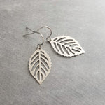 Silver Leaf Earrings, stainless steel earring, filigree leaf earring, steel leaf earring, steel filigree, hypoallergenic, small cut out leaf - Constant Baubling