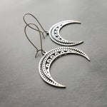 Stainless Steel Boho Earrings, silver crescent earring, silver boho earring, stainless steel crescent, large crescent, filigree moon earring - Constant Baubling