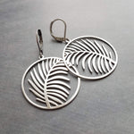 Palm Leaf Earrings, stainless steel earring, silver palm leaf, tropical earring, silver circle earring, lever back earring, hypoallergenic - Constant Baubling