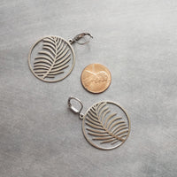 Palm Leaf Earrings, stainless steel earring, silver palm leaf, tropical earring, silver circle earring, lever back earring, hypoallergenic - Constant Baubling