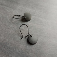 Matte Black Disk Earrings, black earring, small disk earring, black latching, all black earring, black circle earring black dangle earring - Constant Baubling