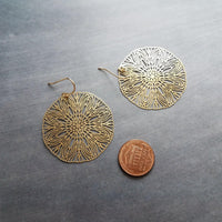 Large Gold Filigree Earrings, round gold earrings, thin earrings, cut out earrings, big earrings, floral earrings, big lightweight medallion - Constant Baubling